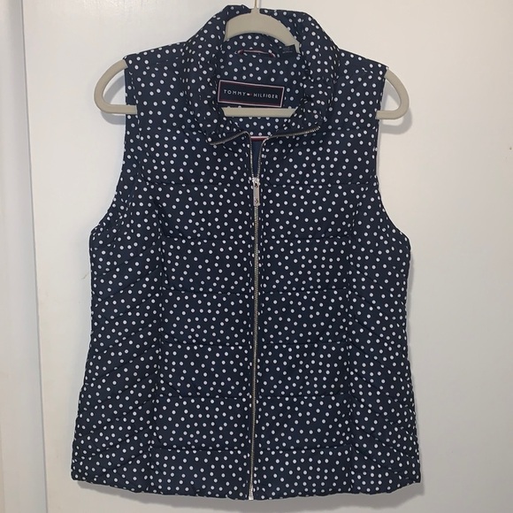 Tommy Hilfiger Black W/White Polka Dot Lightweight Puffer Vest Sz M L061222 - Picture 1 of 6